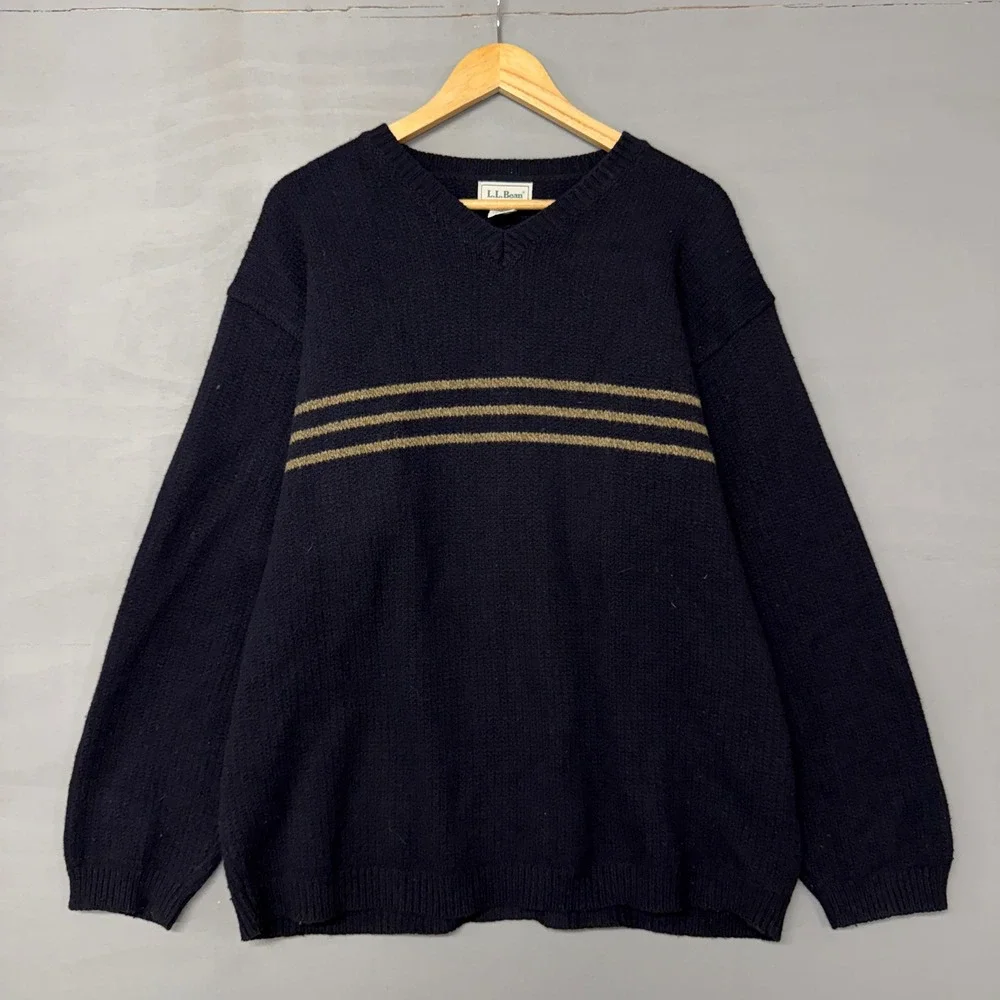 Vintage L.L.Bean V Neck Sweater Navy‎ Blue Striped Wool Blend OHR64 XL